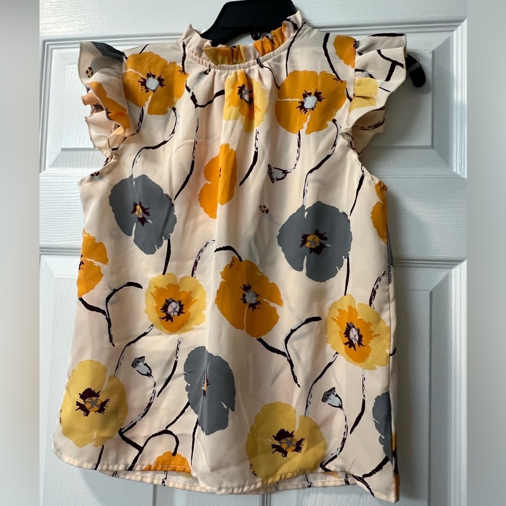 Floral Ruffle Sleeveless Top - Yellow and Gray